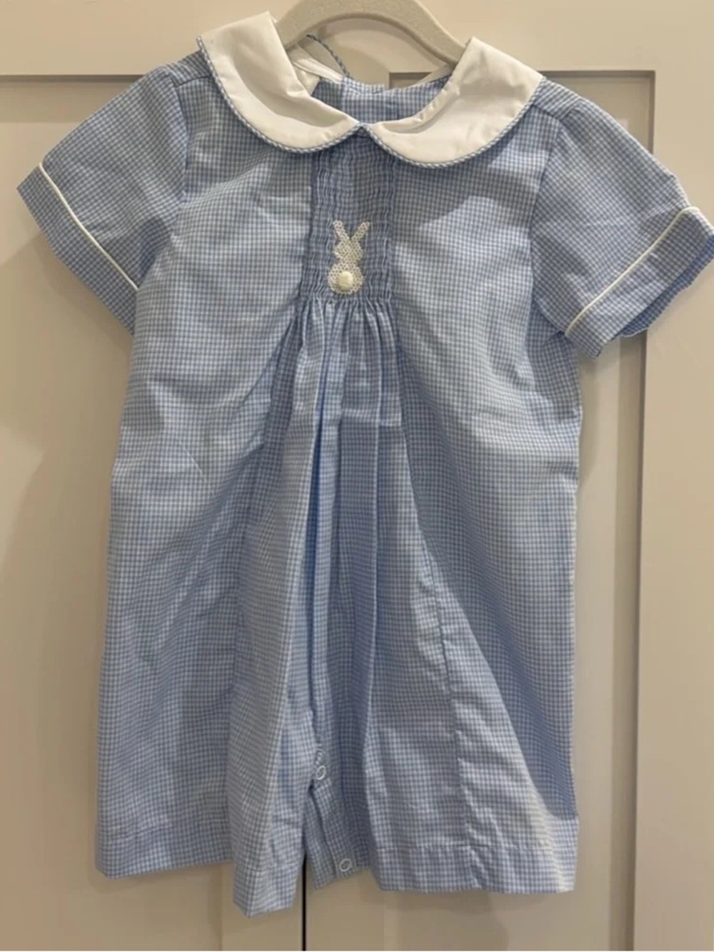 Classic Blue Gingham Kids Pajama Romper with White Peter Pan Collar